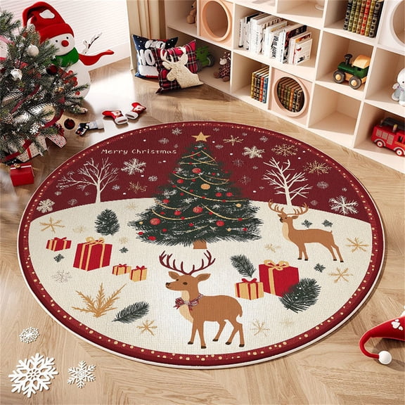 Hometravel Christmas Round Area Rug, Festive Holiday Floor Mat with Crystal Velvet, Decorative Living Room Carpet for Seasonal Home Decor, Gift, Display