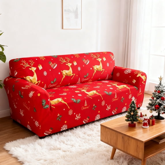 Hometravel Christmas Sofa Cover, Elastic Full Fit Slipcover with Reindeer Print, Decorative Protection for Living Room Furniture