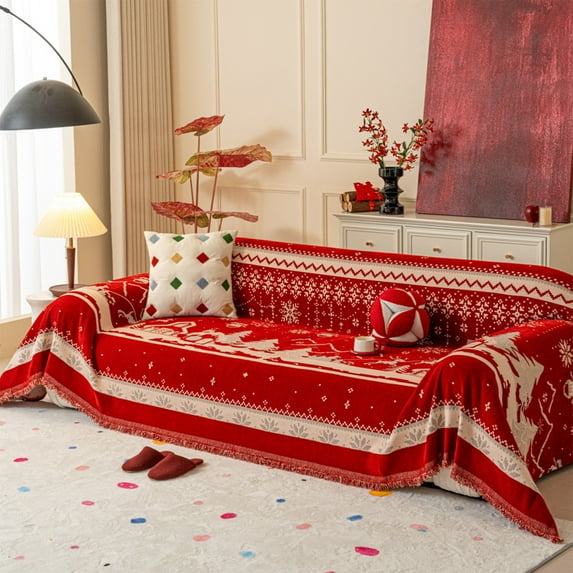 Hometravel Christmas Themed Sofa Cover, Red Festive Furniture Protector, Holiday Patterned Decorative Throw for Living Room Seasonal Decor