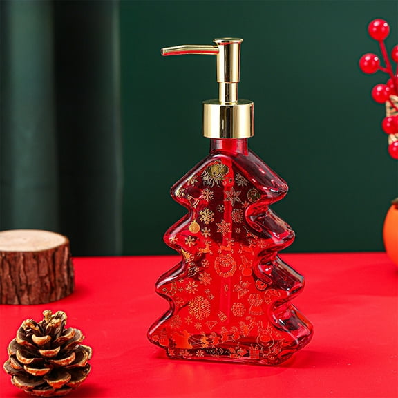 Hometravel Christmas Tree Bottle, 300ml Push Dispenser Lotion Container, Hotel Style Shampoo Conditioner Glass Bottle for Bathroom