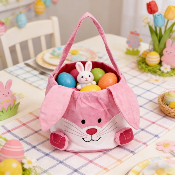 Hometravel Cute Easter Basket with Bunny Ears, Plush Rabbit Design Storage Bag Decoration, Spring Holiday Organizer for Treats, Gifts, Home, Party, Festive Display