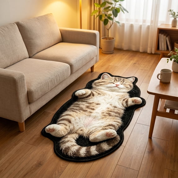 Hometravel Cute Kitten-Shaped Floor Mat, Washable Plush Area Rug 16x47 Inch, Non-Slip Soft Carpet for Bedroom, Living Room, Entryway
