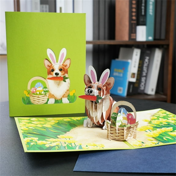 Hometravel Easter 3D Greeting Card, Cute Creative Design with Bunny Ears and Corgi, Handmade Paper Craft Card for Holiday Blessings, Spring Gift Companion