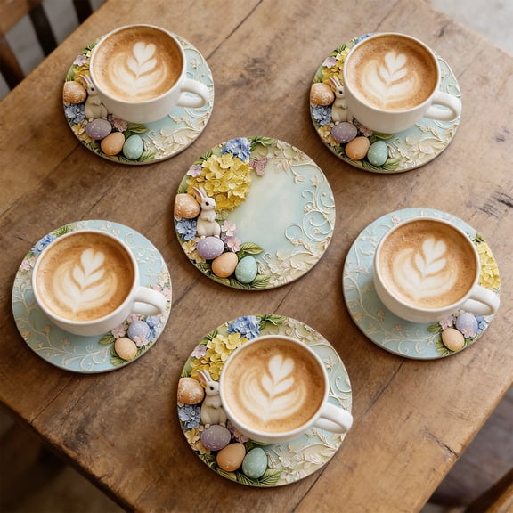Hometravel Easter Bunny Coasters, Non-Slip Absorbent Drink Mats, Ceramic Coffee Cup Saucers for Home Table, Car Cup Holder Decor