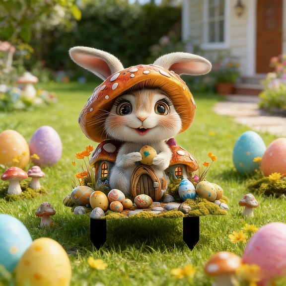 Hometravel Easter Garden Stakes, 2D Bunny Rabbit Eggs Outdoor Decor, Waterproof Plastic Yard Sign for Patio Lawn Spring Display