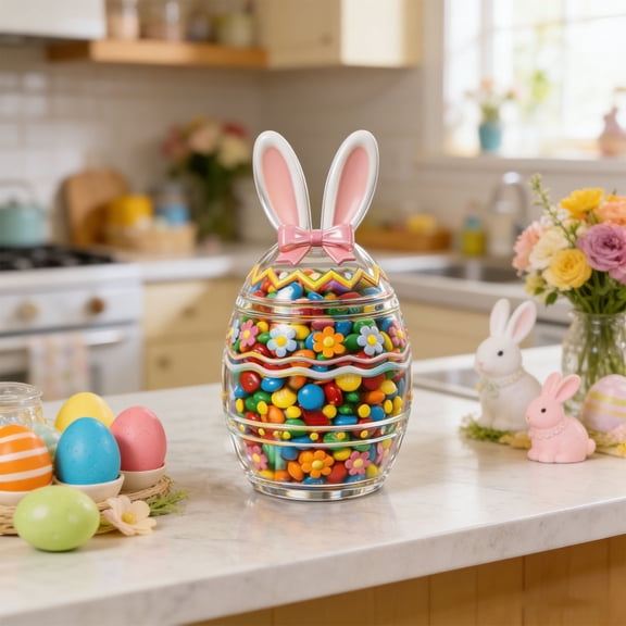 Hometravel Easter Glass Candy Jar with Lid, Decorative Bunny Egg Storage Container, Clear Glass Gift Jar for Candies Cookies, Spring Holiday Kitchen Table Decor