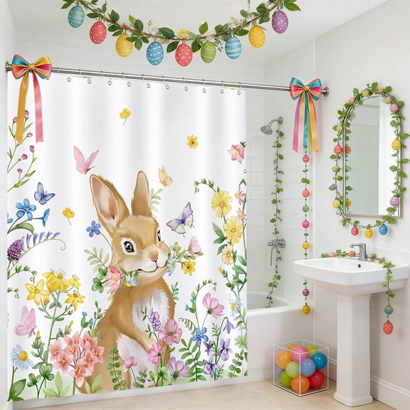 Hometravel Easter Holiday Bath Shower Curtain, No Drill Required Linen Fabric Curtain with Hooks, Water Resistant Tub and Shower Liner, Seasonal Decorative Curtain for Bathroom Decor