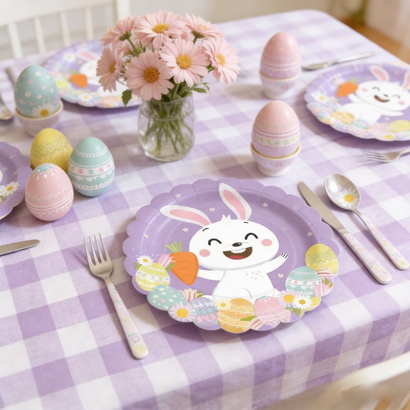 Hometravel Easter Paper Plates, 20Pcs Purple Rabbit Theme Dinner Plates, Cartoon Printed Disposable Tableware for Party, Holiday