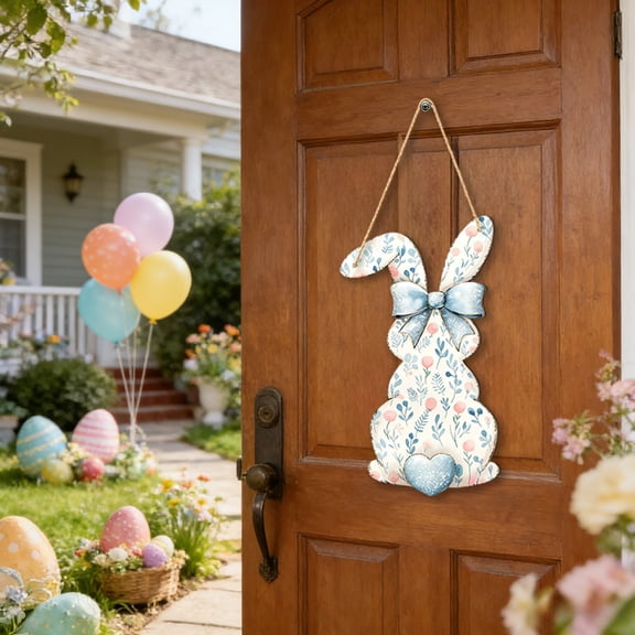 Hometravel Easter Rabbits 2D Wood Door Sign, Hanging Wreath Decoration, Wood Home Welcome Sign for Spring Festive Display