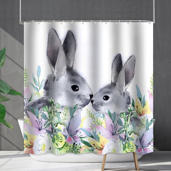 Hometravel Easter Shower Curtain, Digital Print Rabbit Bath Curtain, Waterproof Fabric Shower Screen with Hooks, Bathroom Partition Decor