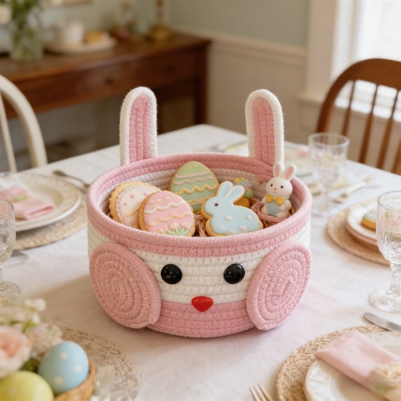 Hometravel Easter Storage Basket Organizer, Hand-woven Rabbits-shaped Holiday Bin, Plush Bunny Decor Container for Home Spring Party Supplies