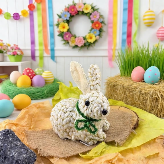 Hometravel Easter String Tailless Sitting Bunny Figurine, Indoor Decoration for Tabletop, Spring Accent for Shelf, Mantel, Centerpiece, Rope Art Design
