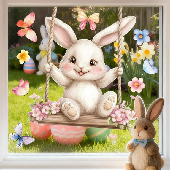 Hometravel Easter Swing Cute Bunny Window Sticker, Electrostatic Cling Decal for Glass, Spring Holiday Window Decor for Home, Decorative Sticker for Window, Mirror, Door, Sill, Display