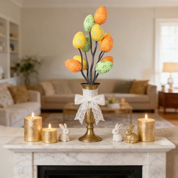Hometravel Easter Themed Printed Easter Egg Branches, Holiday Decoration Egg Ornament on Stems, Spring Table Centerpiece for Home, Party, and Festive Display
