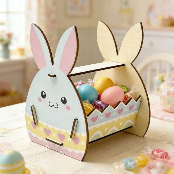 Hometravel Easter Wooden Bunny Storage Box, Rabbit Shape Desktop Organizer Tray, Decorative Basket for Counter Shelf Holiday Display