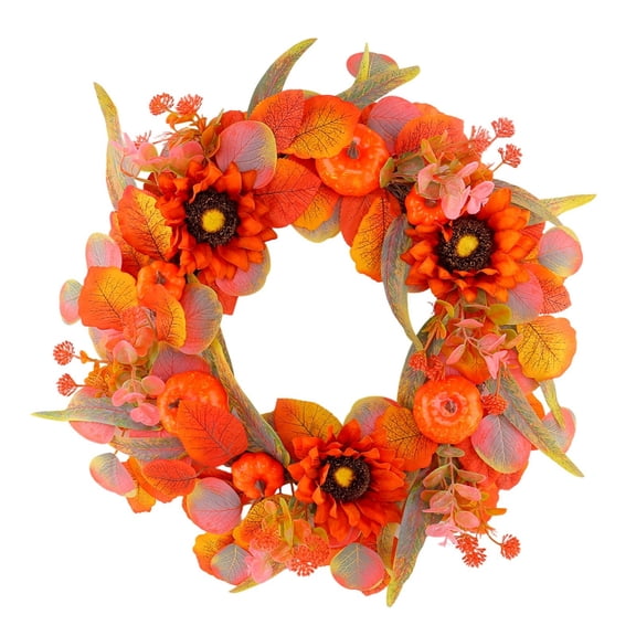 Hometravel Fall Sunflower Pumpkin Wreath, Artificial Leaf Grapevine Wreath, Front Door Indoor Outdoor Decor for Thanksgiving, Halloween Home