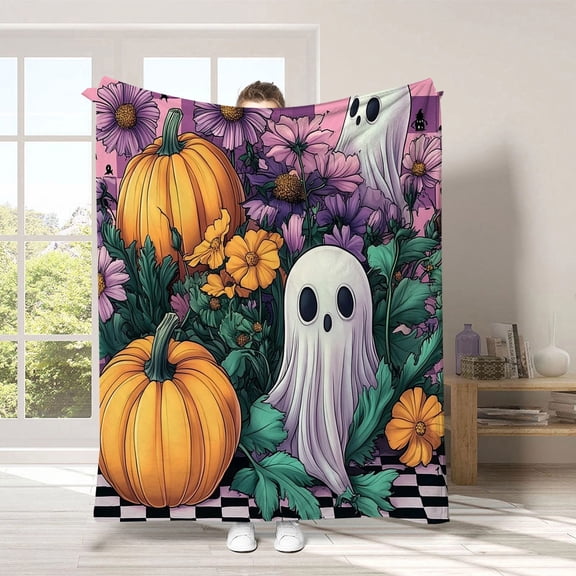 Hometravel Flannel Ghost Print Blanket, Halloween Themed Shawl for All Seasons, Soft Throw for Sofa Bed, Spooky Decor for Home, Party, 70x100cm Size