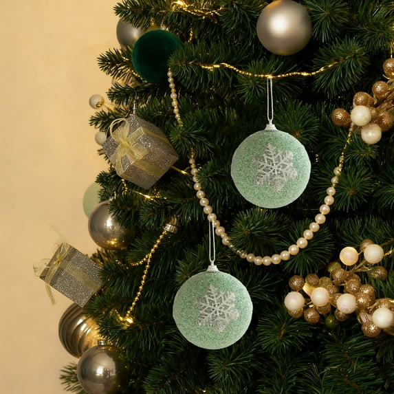 Hometravel Flocked Christmas Balls, 8cm Green Foam Christmas Tree Ornaments, Multiple Style Holiday Decor Set for Tree, Party, Seasonal Display