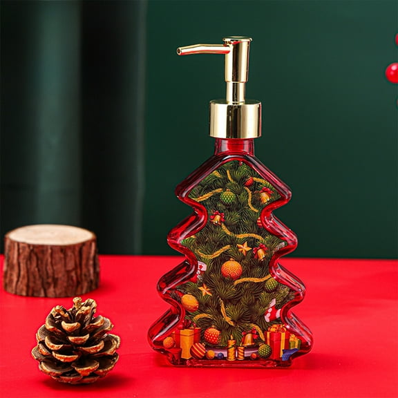 Hometravel Gift Themed Christmas Bottle, 300ml Push Button Lotion Dispenser, Glass Cosmetic Container for Seasonal Bathroom Setup