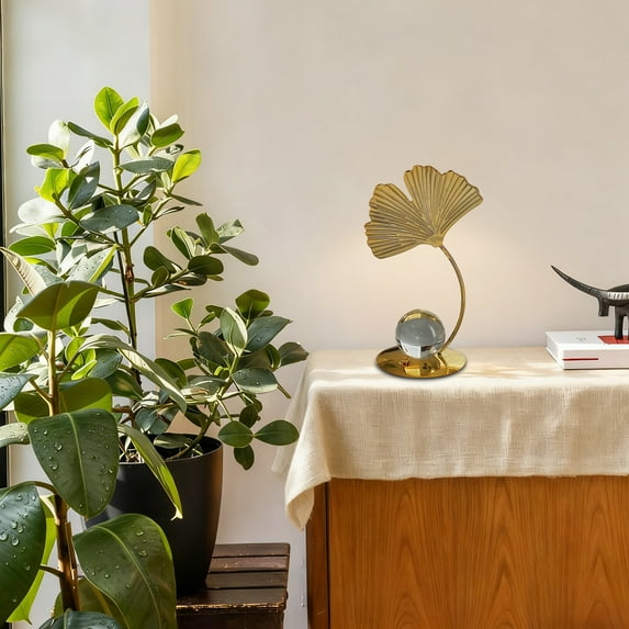 Hometravel Ginkgo Crystal Ball Display, Metal Art Gold Leaf Base Stand, Elegant Desk Sculpture for Home Office Bookshelf Decoration and Decor