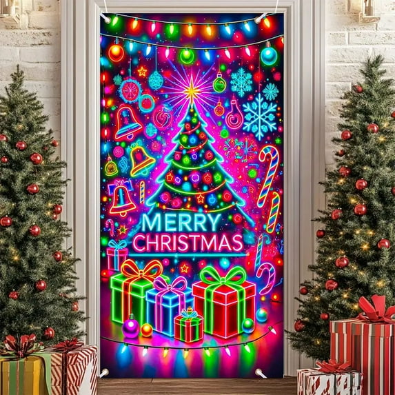 Hometravel Glowing Christmas Door Cover, Santa and Tree Printed Holiday Banner, Lighted Indoor Outdoor Decoration for Party, Home Entryway, Festive Display