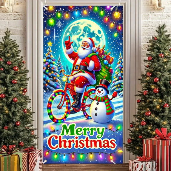 Hometravel Glowing Christmas Door Cover, Santa and Tree Printed Holiday Banner, Lighted Indoor Outdoor Decoration for Party, Home Entryway, Festive Display