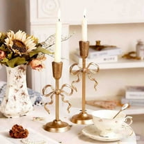 Hometravel Gold Bow Candlestick, Small Size Metal Candle Holder, Festive Tabletop Decoration for Christmas Party, Home Display
