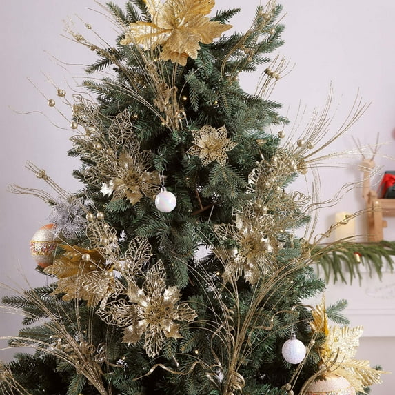 Hometravel Gold Dust Christmas Flower, Simulated Berry and Leaf Arrangement with Glitter Finish, Festive Floral Decor for Tree and Display