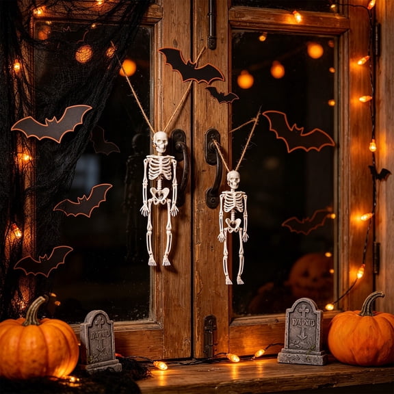 Hometravel Halloween Skeleton Decorations, 2Pcs 17cm Movable Joint Human Skeleton, Scary Bone Ornament Prop for , Party Decor, Shelf Display