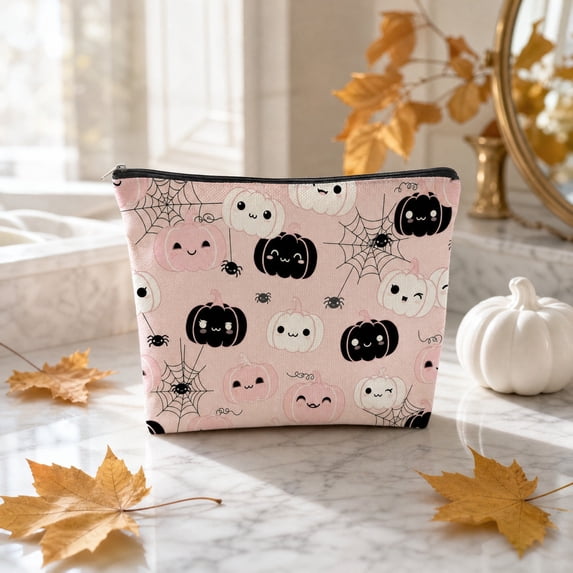 Hometravel Halloween Zipper Cosmetic Bag, Multi-Pattern Spooky Makeup Pouch, Reusable Canvas Travel Storage Bag for Makeup, Toiletries, Small Accessories Organizer