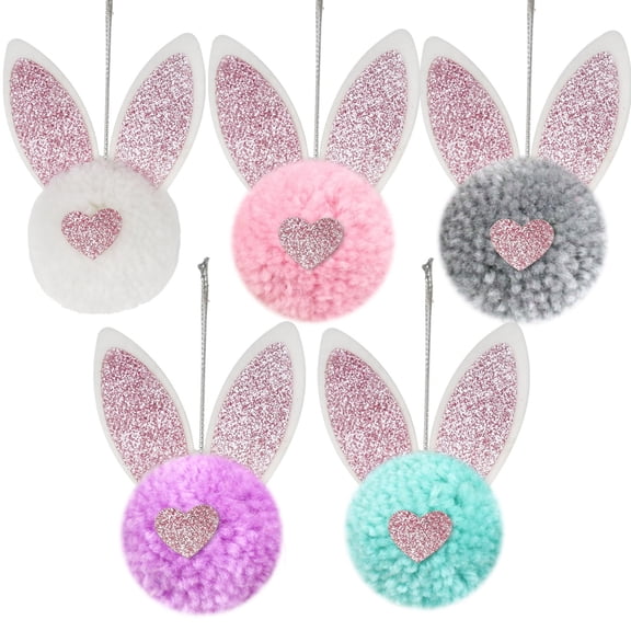 Hometravel Hanging Easter Bunny Ear Ornaments, Fuzzy Pom Tail Decor for Tree and Wreath, Cute Holiday Hanging Accent for Party, Spring Festival Decoration for Home
