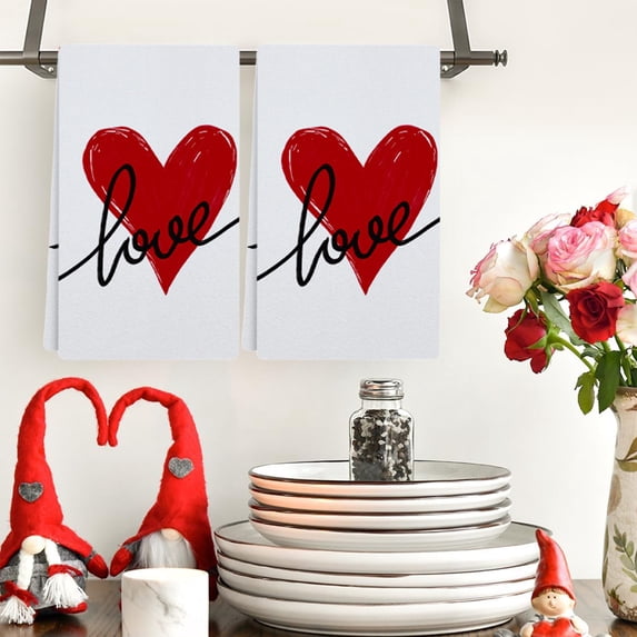 Hometravel Heart Pattern Kitchen Towels, Valentine Themed Dish Cloths, Large Size Cotton Drying Towels for Daily Kitchen Use