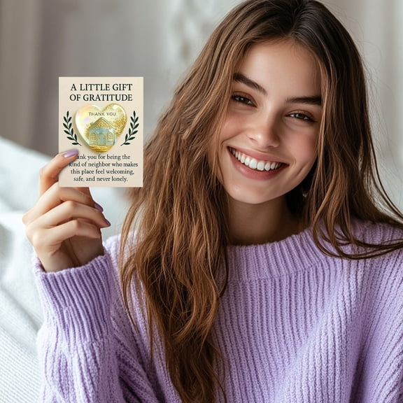 Hometravel Heart Shape Thank You Card, Pocket Design with Golden House Illustration, Neighbor Appreciation Gift with Message, Friendship Expression Item