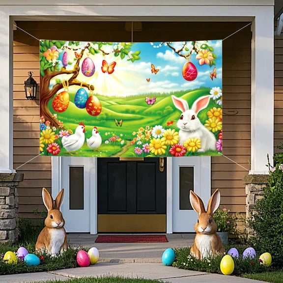 Hometravel Holiday Themed Easter Backdrop, Bunny and Egg Design Photo Prop for Party, Spring Celebration Background for Indoor Outdoor, Decorative Cloth for Wall, Event, Gathering