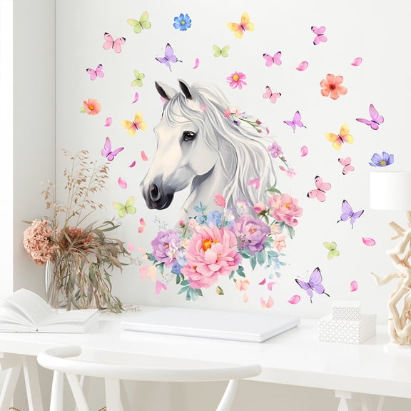 Hometravel Horse Flower Butterfly Sticker, Adhesive Wall Decor with Nature Theme, Self Stick Wall Art for Room Decoration, Botanical Animal Wall Design