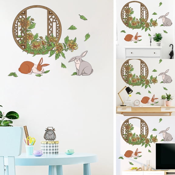 Hometravel Idyllic Fake Window Wall Decal Sticker, Chrysanthemum Leaves and Bunny Scene Removable Wall Art, Country Style Home Decor for Bedroom, Living Room, Hallway