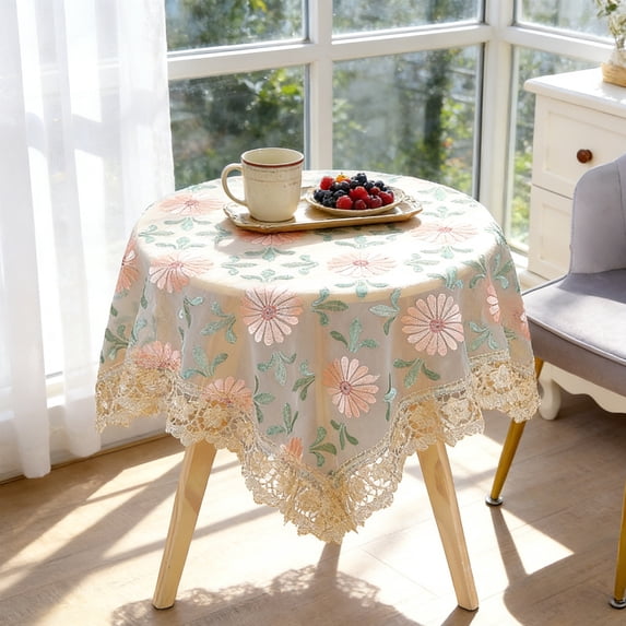 Hometravel Lace Tablecloth Tea Table Cover, Modern Gauze Embroidered Dining Cloth, Round Furniture Protector for Bedside Cart Coffee Table