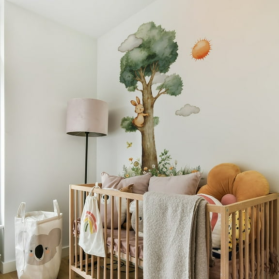 Hometravel Large Tree and Rabbit Wall Decal, Removable Vinyl Sticker with Flowers Pattern, Nature Themed Art for Room, Bedroom, Nursery Wall Decor Enhancement