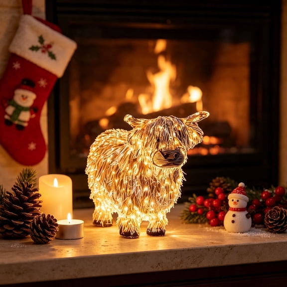 Hometravel Lighted Cow Statue, Highland Cow Figurine with Warm LED String Lights, Farm Tabletop Sculpture for Indoor Home Decor and Gift