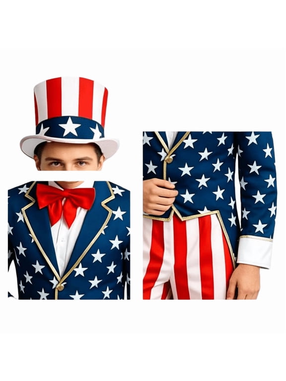 Men's Patriotic Independence Day Tuxedo Tailcoat, Red White Blue Tail Coat Jacket for Party, Stage Performance, Cosplay, July 4th Costume, Adult Size