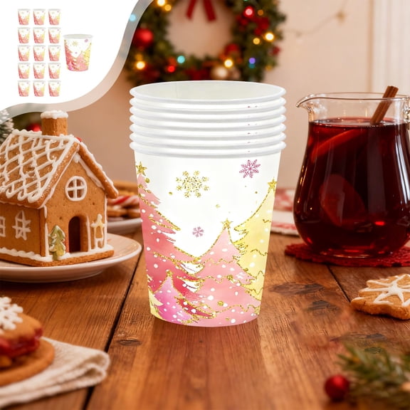 Hometravel Pink Christmas Tableware Set, Snowflake Themed Disposable Party Plates, Coordinated Paper Cups and Napkins for Holiday Gatherings, Themed Events, Celebrations