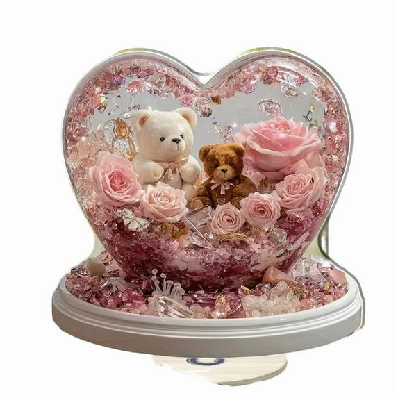 Hometravel Rotating Base Heart Shape Rose Teddy Bear Acrylic Ornament, Valentine's Day Commemorative Gift with LED, Romantic Tabletop Decor for Home, Office