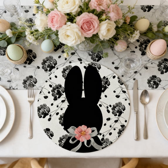 Hometravel Round Linen Placemats, Easter Bunny Egg Print Table Mat, Washable Cotton Dinner Placemat for Party, Dining Table, Kitchen Decor