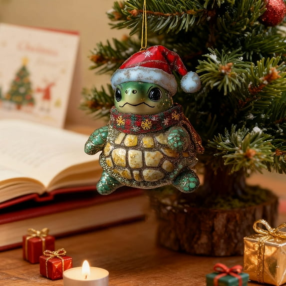 Hometravel Santa Hat Turtle Ornament, Cute Christmas Acrylic Hanging Decor with Glitter, Festive Animal Theme Tree Decoration, Seasonal Holiday Display