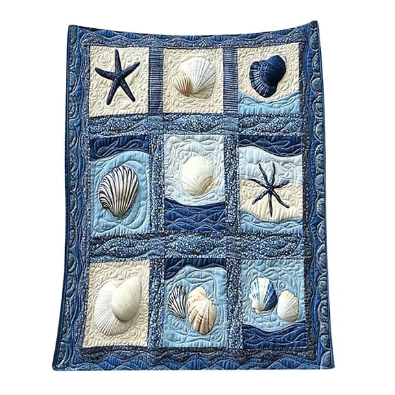 Hometravel Sea Shells Print Blanket, Coastal Beach Themed Flannel Throw for Sofa, Plush Fabric Bed Cover with Starfish Pattern, Nautical Decor