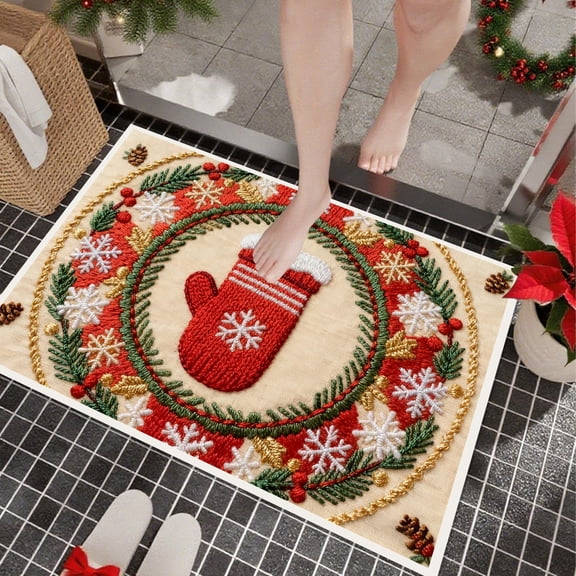 Hometravel Seasonal Embroidery Doormat, Christmas Stereoscopic Entryway Carpet, Non-Slip Absorbent Floor Mat for Holiday Decor