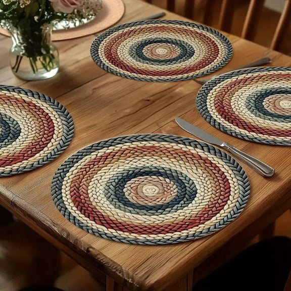 Hometravel Set of 4 Vintage Round Placemats, Warm Earthy Tones with Texture for Kitchen and Dining Room Decor, Farmhouse Style Table Setting Accents