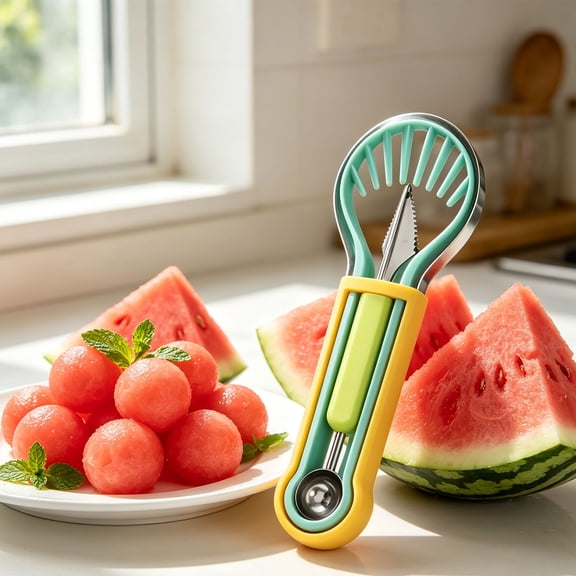 Hometravel Stainless Steel Watermelon Scoop Set, Double-Headed Ball-Shaped Tool with Three-in-One Carving Function, Fruit Vegetable Scooper for Smoothies, Melon Balls, Salad Prep