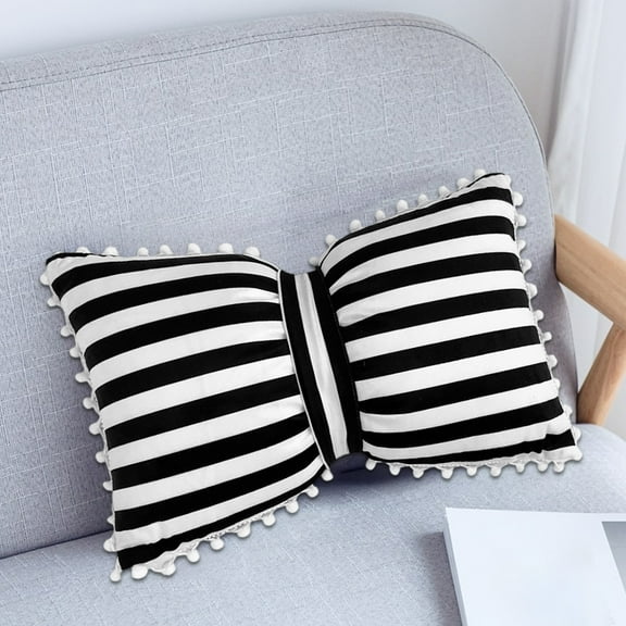 Hometravel Striped Wool Pillow with Bow and Pom Pom, Lumbar Pillow for Living Room Bedroom Office, 19.6x13 Inch Removable Pillow with Cozy Texture
