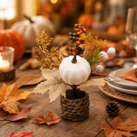 Hometravel Thanksgiving Mini Potted Maple Leaf Pumpkin, Artificial Fall Greenery Desktop Decor, Simulation Plant for Indoor Shelf Window Display